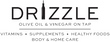 Drizzle logo with text about olive oil, vinegar, vitamins, supplements, and health products on a white background.