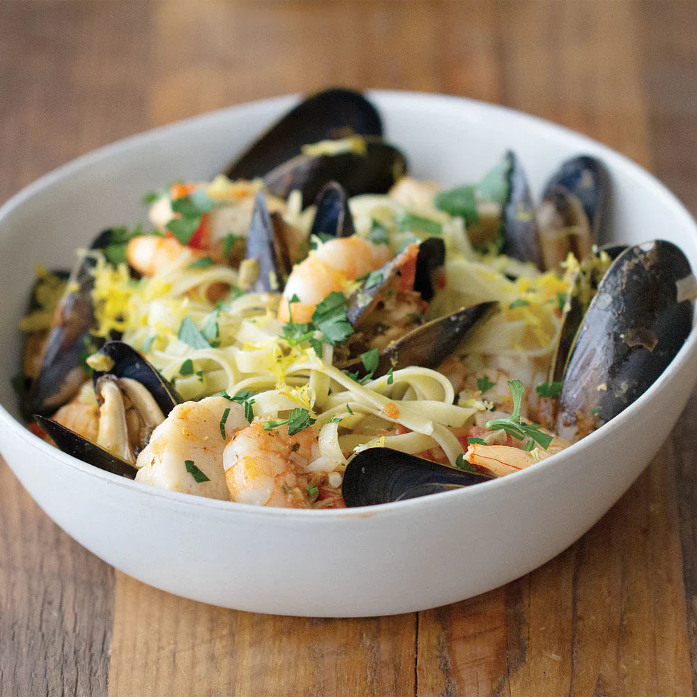 Seafood Medley Pasta with Spinach and Olive Fettuccine