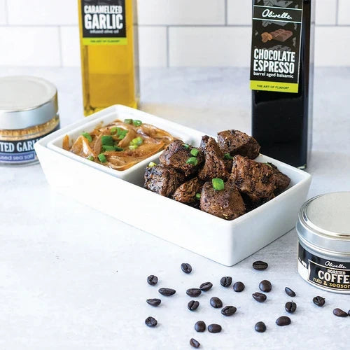 Coffee Steak Tips with Caramelized Onion Balsamic Whiskey Cream Sauce