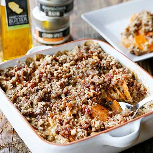 Bourbon Sweet Potato Gratin with Bacon Pecan Crumble