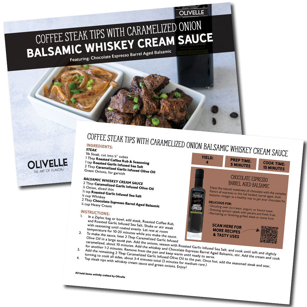 Coffee Steak Tips with Caramelized Onion Balsamic Whiskey Cream Sauce Recipe Gift Kit