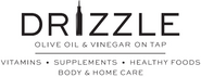 Drizzle logo with text about olive oil, vinegar, vitamins, supplements, and health products on a white background.